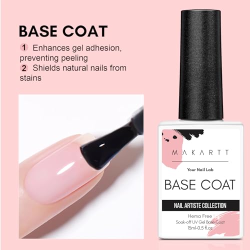 Makartt Hema-Free Gel Top Coat and Base Coat Set, No Wipe Shine Finish Soak Off Gel Base Top Coat Long Lasting LED Nail Lamp Gel for Gel Nail Polish Salon Quality Nail Manicure Gifts, 2pcs 15ML