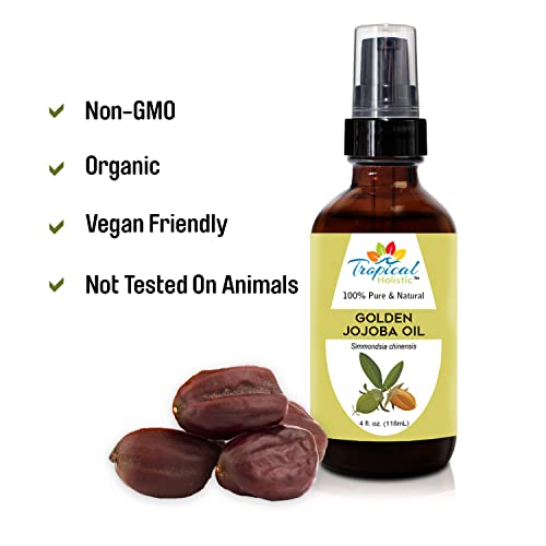 Tropical Holistic Jojoba Oil 4 oz, Natural, Pure, Cold Pressed, Unrefined Moisturizer for Skin, Dry Scalp, Hair, Nails and Multipurpose Carrier Oil