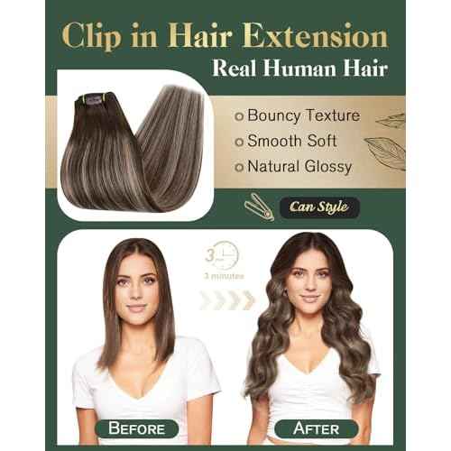 Ugeat Balayage Clip in Hair Extensions 22 Inch Double Weft Human Hair Extensions Clip ins Dark Brown Human Hair Clip in Extensions Ash Brown Ombre 7Pcs 120G 4/18/4