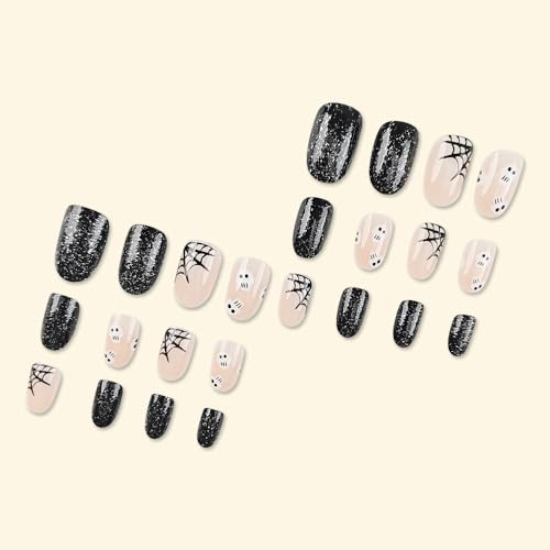 Black Press on Nails Short Almond Fake Nails, Halloween Press on Nails Skull with Designs Halloween Glue on Nails Full Cover False Nails Halloween Nails for Women 24Pcs