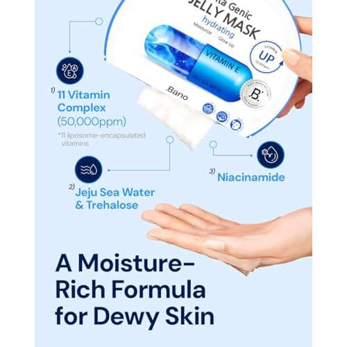 Vita Genic Jelly Face Hydrating Mask 10EA ? Firming Sheet Mask for Sensitive Skin, Korean Glass Skin Care with Mineral Water, Vitamin C & Niacinamide, Fragrance-Free, Pack of 2