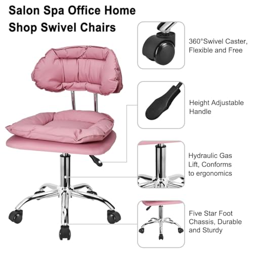 JOSTZHXIN Rolling Stool with Backrest, Home Office Rolling Stool Chair, Thickened Seat Cushion, Adjustable Height Swivel Chair for Nail Shop Salon Spa Massage Tattoo,Pink