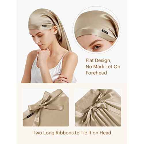 LILYSILK Mulberry Silk Sleep Cap 100% 19 Momme Long Silk Bonnet for Curly Hair, Night Cap for Sleeping, Silk Hair Wrap for Women Coffee