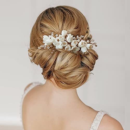 Sooshin Porcelain Flower Bridal Hair Comb, Crystal Wedding Headpiece for Bride and Bridesmaids, Rhinestone Hair Accessory for Women and Girls (Gold, 7.09*2.76 inches)