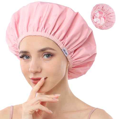 Years Calm Shower Caps For Women Reusable Waterproof£¬Pattern And Solid Color Dual-Layer Design For Dual-Layer Usable£¬Protects Hair In Shower, Spa, Cooking, Clean & Travel (Pink, One Size)