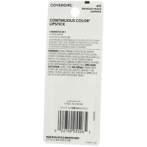 CoverGirl Continuous Color Lipstick, Bronzed Peach [015], 0.13