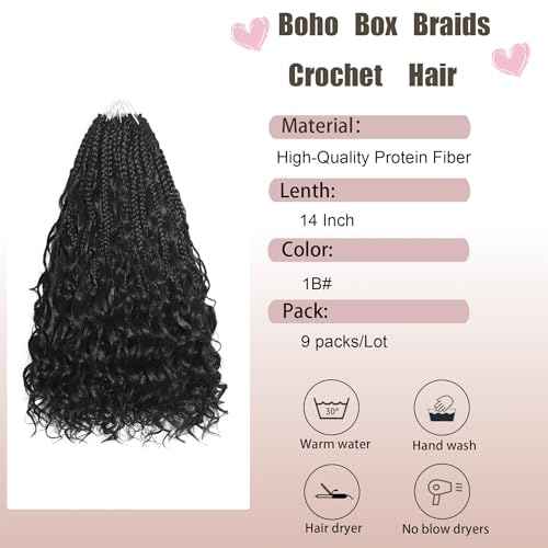 9 Packs Boho Box Braids Crochet Hair 14 Inch Pure Protein Fiber Similar to Human Hair Goddess Box Braids Crochet Hair With Curly Ends Pre Looped Bohemian Braid Hair Extension For Women(14 Inch, 1B)