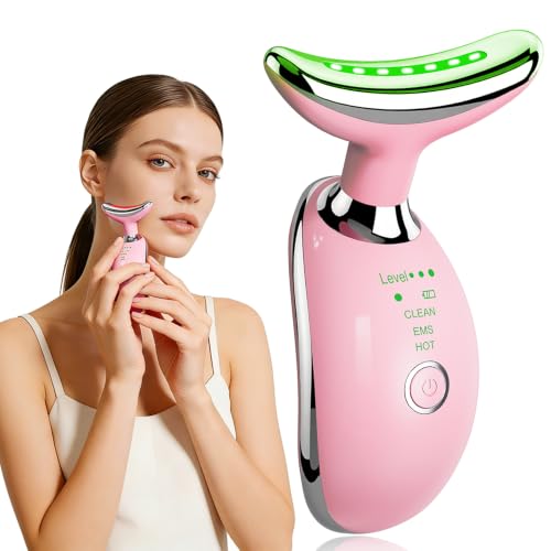 Pink Face and Neck Massager with Smart Vibration, Red Light & EMS Modes - Mdewirt