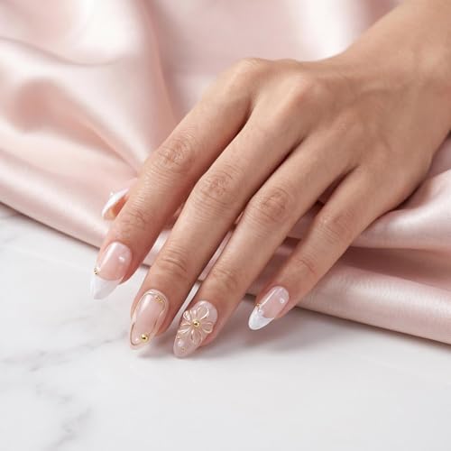 EasierGlow Handmade Short Almond French Press-On Nails - 10 Pcs with Gold Floral Accents