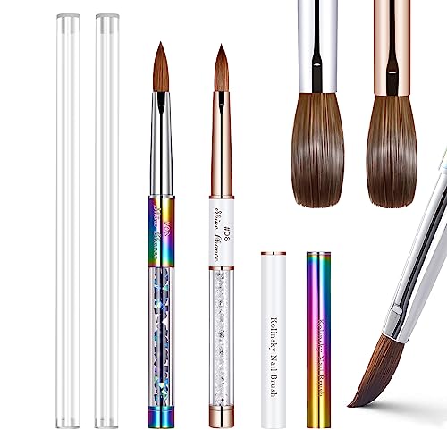 2Pcs Acrylic Nail Art Brushes Size 8, 100% Pure Kolinsky Hair Oval Nail Brush for Acrylic Application, Professional Nail Extension Manicure Tool Striping Nail Drawing Pen for Home