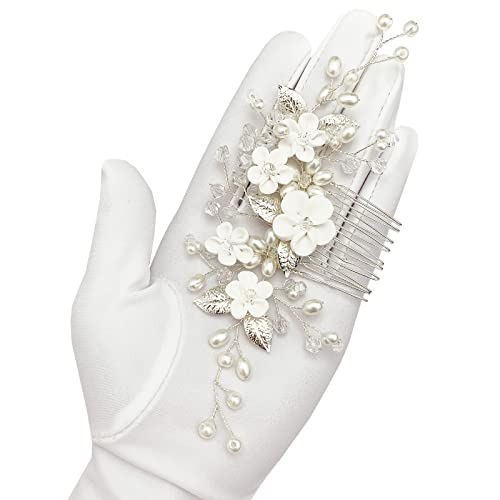 White Flower Bridal Hair Comb with Pearls & Rhinestones