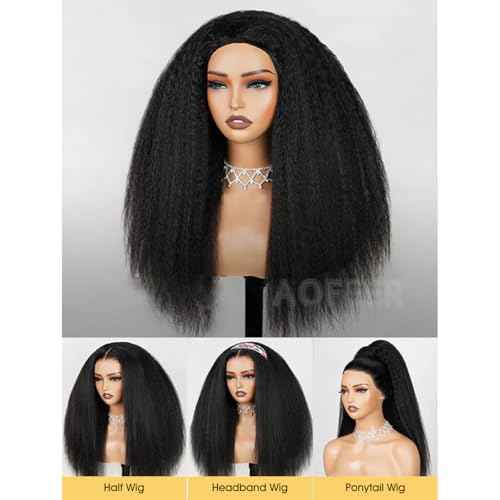 20 Inch Kinky Straight Glueless Wig 3 in 1 Half Wig with Elastic Drawstring Seamless Flip Over Yaki Straight Wear and Go Glueless Wigs Human Hair Drawstring Wigs for Women 200 Density