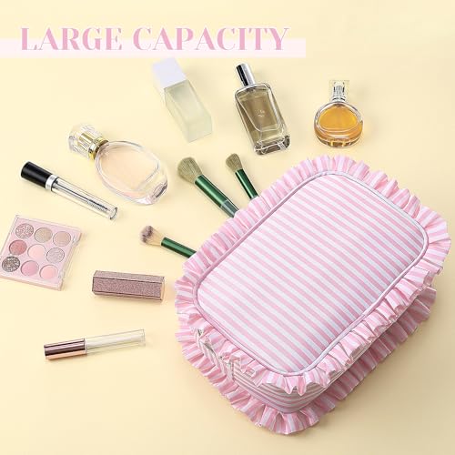 Kigeli Striped Ruffle Makeup Bag Preppy Makeup Pouch Large Travel Cosmetic Bag Nylon Waterproof Toiletry Make up Organizer for Women (Pink)