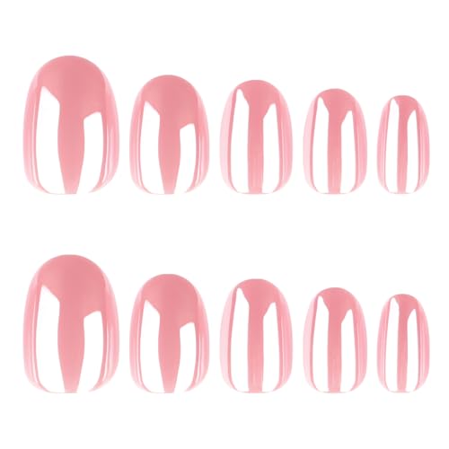 Chrome Pink Press On Nails - Short Square Glossy Gel Kit, 24 Pcs