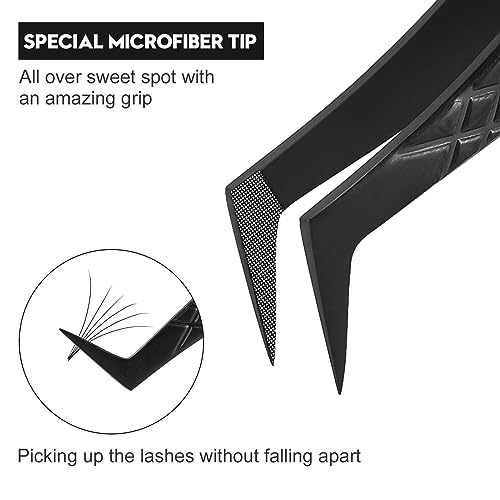 Ms.Queen Lash Tweezers for Eyelash Extensions,Set of 5,Fiber Tip Curved 45 90 Degree and L-Shape Boot Lash Tweezers for Mega Volume & Classic Lashes,Black