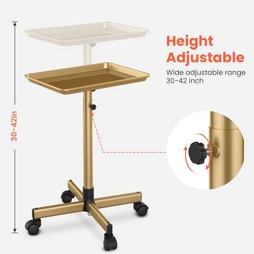 TASALON Premium Salon Tray on Wheels, Aluminum Salon Rolling Tray Trolley for Salon Essentials, Adjustable Height Provides Ample Storage for Hairstylist Tray, Tattoo Tray and Clinic Tray Use - Gloden