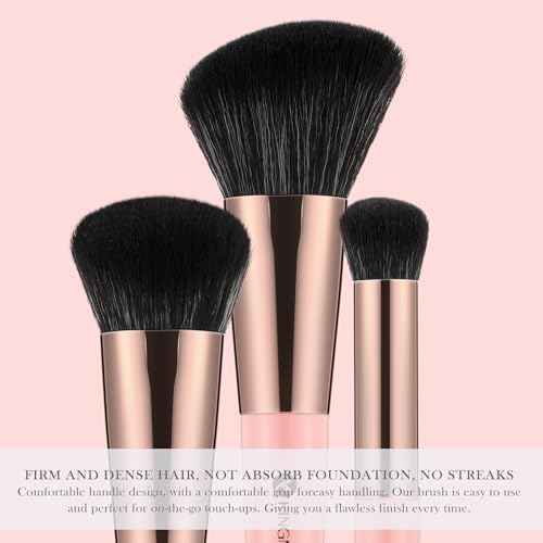 KINGMAS Foundation Makeup Brushes, 3Pcs Kabuki Contour Concealer Makeup Brush Set, Vegan & Cruelty-Free, Synthetic Cosmetic Under Eye & Blusher Face Brush (Pink)