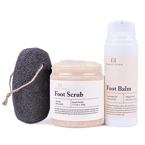 FootFitter Pedicure Foot Care Set with Sea Salt Scrub, Volcanic Pumice Stone & Repair Balm for Dry Skin, Cracked Heels, and Rough Feet