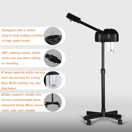 Stand Professional Ozone Facial Steamer with Touch Control, Hot Mist Function, Adjustable Height & Rolling Base, 360¡Æ Rotatable Nozzle, Use for Home, Salon SPA (Black)