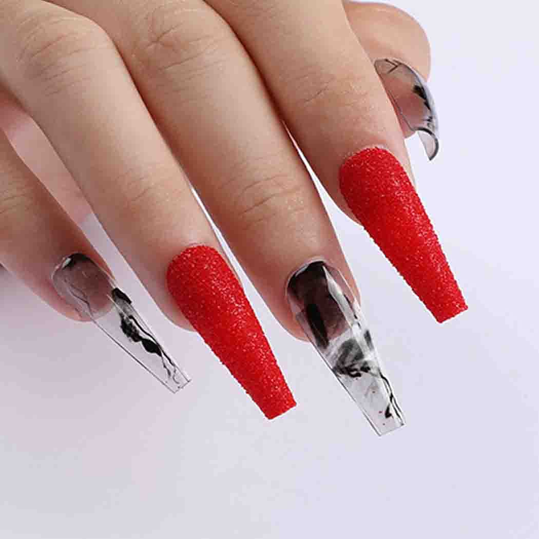 Outyua Smoke Pattern Fake Nails Coffin Red&Black Extra Long Press on Nails with Designs Ballerina Acrylic Glossy False Nails Designer Full Cover Artificial Nails for Women and Girls 24Pcs (Red)