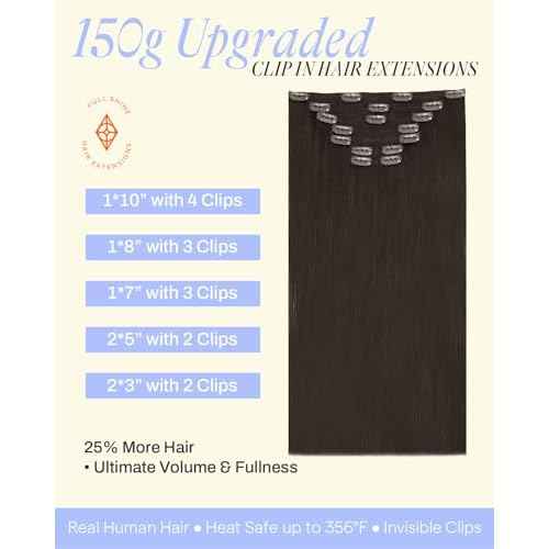 Full Shine Clip in Hair Extensions Dark Brown 22 Inch Thick Hair Extensions Real Human Hair Straight Brown Invisible Remy Hair Clip in Extra Volume 7 Pcs 150 G