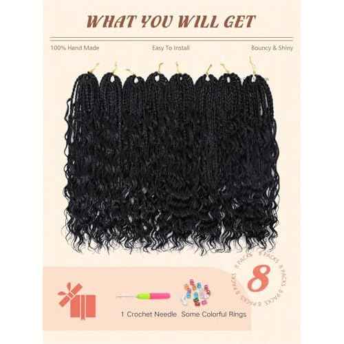 Goddess Box Braids Crochet Hair for Women 14 Inch 8 Packs Boho Crochet Box Braids with Curly Ends Bohemian Pre-looped Braiding Hair Extensions(14inch,1B)