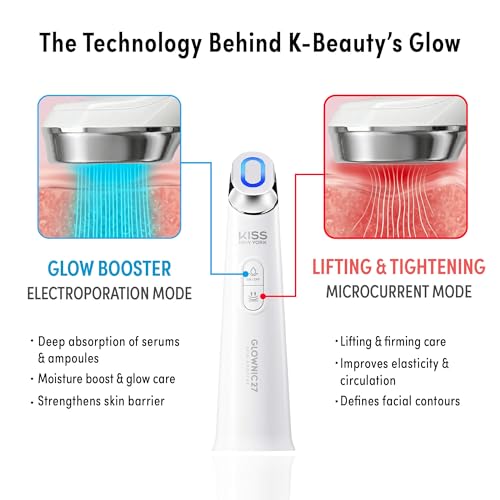 KISS NEW YORK GLOWNIC27 Facial Beauty Device, Microcurrent Glass Glow Skin Booster for Enhancing Korean Skin Care Absorption and Ability to Lift, Improves Hydration Barrier, Elasticity, Even Tone