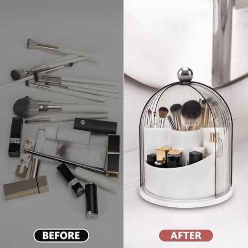 Makeup Brush Holder with Lid 360¡Æ Rotating Clear Dustproof Make Up Organizers for Vanity Bathroom Countertop, Transparent