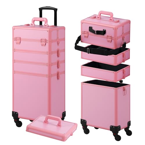 Somduy Rolling Makeup Train Case with Detachable Compartments, Pink