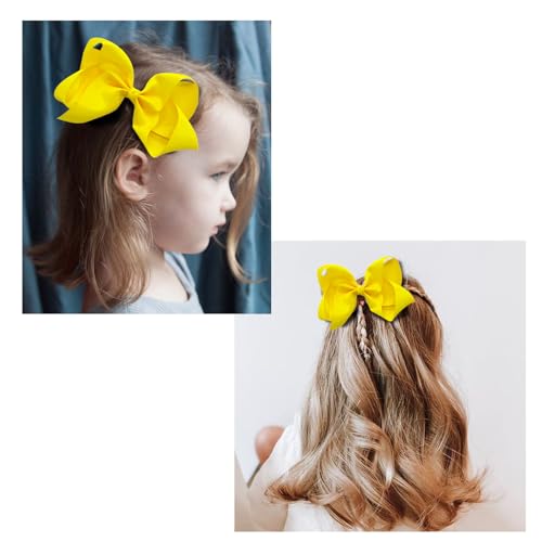 6 PCS Grosgrain Ribbon Hair Bows with Alligator Clips - Solid Color Hair Accessories for Toddlers and Kids (Yellow)