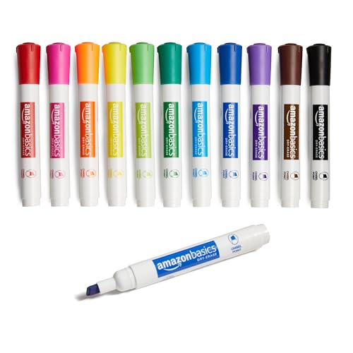 Amazon Basics Low-Odor Chisel Tip Dry Erase Whiteboard Marker, Pack of 12, Assorted Colors