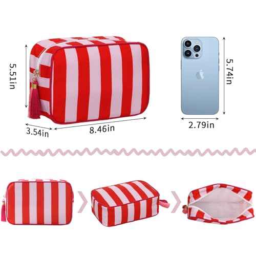 Stripe Makeup Bag Travel Cosmetic Bag Organizer Tassel Toiletry Bag Large Canvas Zipper Pouch and Accessories Storage Bag for Women