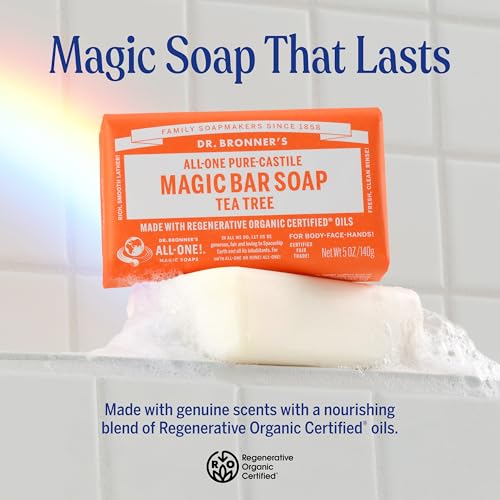 Dr. Bronner's Pure-Castile Magic Bar Soap - Tea Tree, Made with Regenerative Organic Certified Oils, For Face, Body & Hair, Gentle, Vegan, Non-GMO (5oz, 12-Pack)