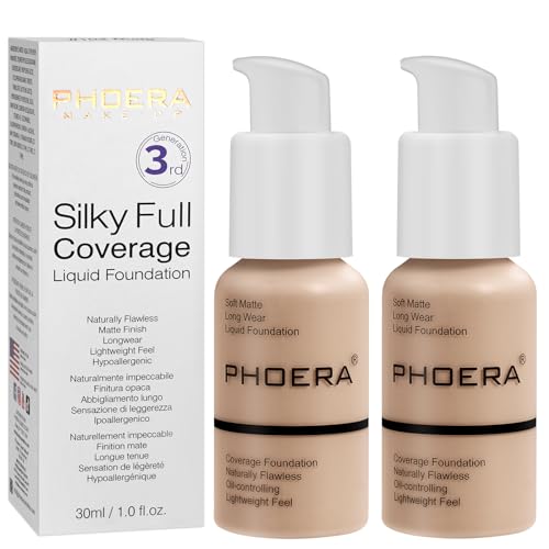 PHOERA Foundation, PHOERA Matte Liquid Foundation,PHOERA Makeup for Women, PHOERA Foundation Full Coverage Concealer, 30ml 24HR Matte Oil Control Concealer (102- Nude*2)