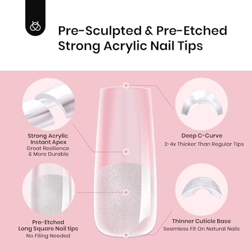 Beetles Tipex Instant Apex Nail Tips,180Pcs Pre-building & Pre-Etched Gel Nail Tips Long Square Thicker Acrylic Nails Strong Full Cover False Nail Extension Building Gel Press-on Nails for Flat Nails