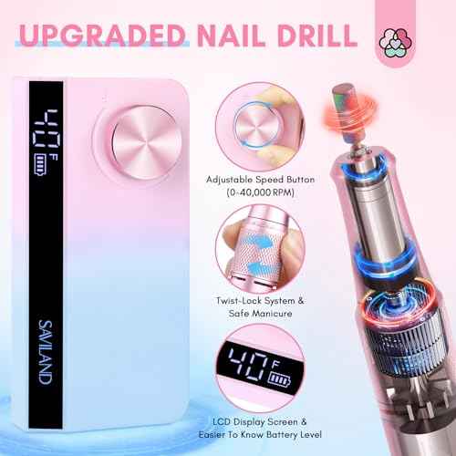 SAVILAND Advance Nail Drill Professional: 40000 RPM Upgrad E File 2025 Digital Pro Electric Cordless Fast Remover Anti-Shaking | Manicurist Nail Salon Superior Compactible for Acrylic Nails