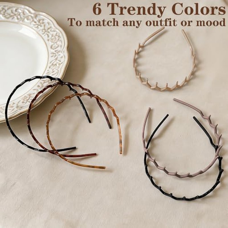 6-Pack Zig Zag Headbands for Women with Non-Slip Teeth
