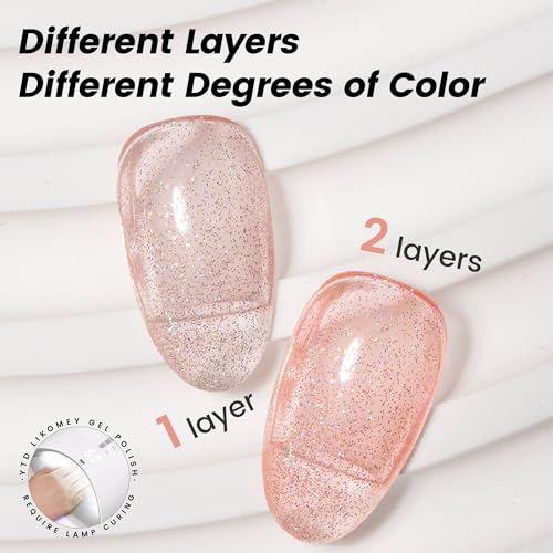 YTD Likomey Nude Glitter Gel Nail Polish,15ml Soft Pink Rainbow Jelly Sheer Translucent Neutral Holographic Shimmer Iridescent Sparkly Salon Home DIY UV Manicure Nail Gel, SF328