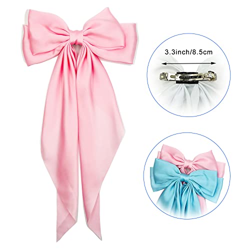 Satin Hair Barrettes Clip for Women Large Bow Hair Slides Metal Clips French Barrette Bowknot with Long Tail Silk Hair Bow Hairpin 90's Hair Accessories (Azure+Pink)