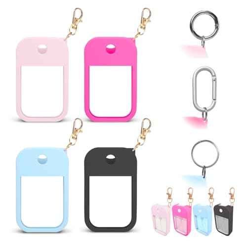 4 PCS Soft Silicone Case for Touchland Power Mist (1FL. OZ./30 mL), Protective and Stylish Case with Keychain Compatible with Touchland Hand Sanitizer Spray (Pink/Hot Pink/Blue/Black)