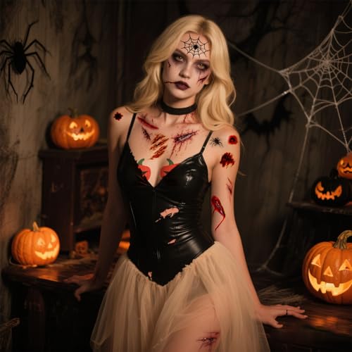 Halloween Nipple Covers 8 Pairs & Temporary Tattoos Kit - Bat, Skeleton, Pumpkin Spider Pasties with Gothic Face Stickers | Latex-Free Body Adhesive | Party Rave Cosplay Costume Accessories