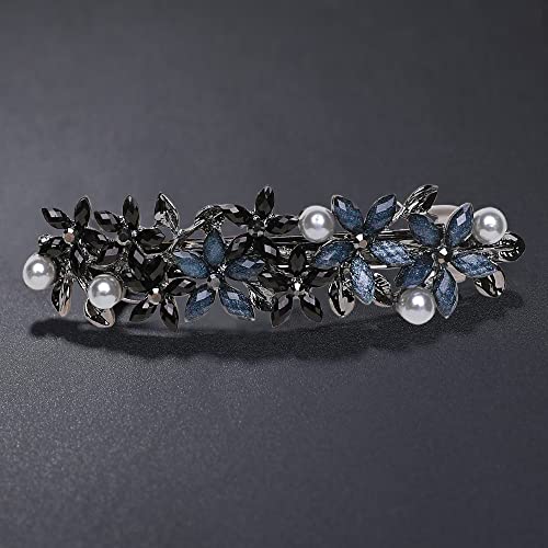 Flower Rhinestone Hair Barrettes for Women Fine Hair Glitter Sparkle Fancy Hair Clips for Women And Girls Elegant Pearl Barrettes (Black&Blue)