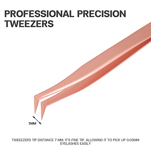 Pretty memory Volume Lash Tweezers,Stainless Steel Eyelash Extension Tweezers, Professional Precision Mega Curved Angled Tweezer, Rose Gold