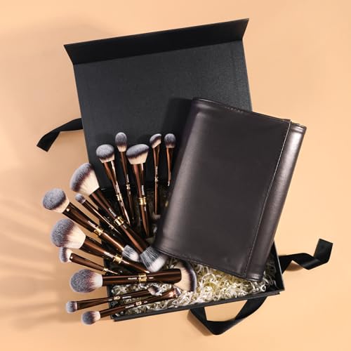 MAANGE Makeup Brush Set with Case Double-ended Makeup Brushes for Foundation Contour Liquid Powder Concealer Eye Shadows Cream Cosmetics Blending Blush Makeup Tools (Coffee Brown, 13 PCS)