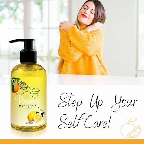 Renew Massage Oil with Orange, Lemon & Peppermint Essential Oils - Great for Massage Therapy or Home use. Ideal for Full Body ? with Almond, Grapeseed & Jojoba ? by Brookethorne Naturals