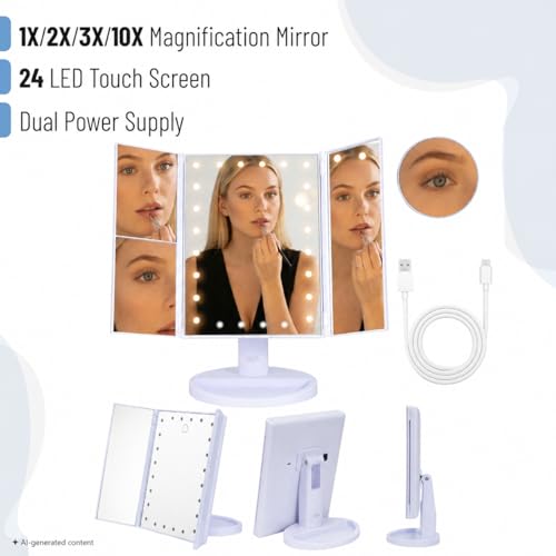 Mr. Pen Tri-Fold Lighted Makeup Mirror with Touch Control & 2X-10X Magnification