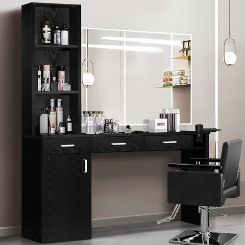 Black Salon Station w/ 3 Drawers, Cabinet & 3 Dryer Holders