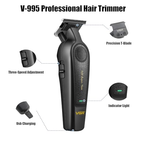 VGR 995 Professional Hair Trimmer for Men, Zero Gapped Barber Edgers, Portable Cordless Mens Beard Trimmer Clipper with 4 Guide Combs, USB Rechargeable