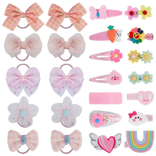 Unaone Hair Accessories Set for Kids - 10 PCS Cute Hair Ties and 14 PCS Cartoon Hair Clips, Flower Rainbow Hair Pins Barrettes Elastic Hair Bands Ponytail Holders Set for Thick Hair & Thin (24 Pieces)