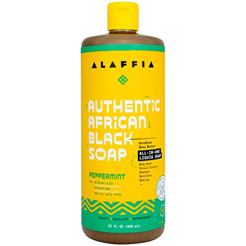 Alaffia Skin Care, Authentic African Black Soap, All in One Liquid Soap, Acne Face Wash, Moisturizing Body Wash, Shampoo, Shaving Soap, Shea Butter, Peppermint 32 Fl Oz